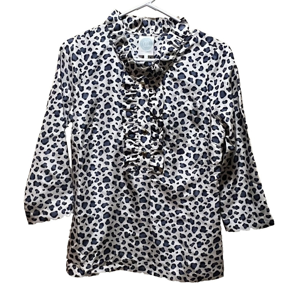 Devon Baer Womens Leopard Print‎ Ruffle Silk Blouse Black Blue Top Sz S Small